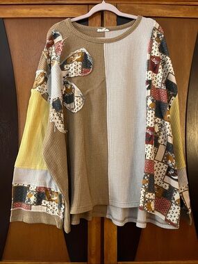 easel Patchwork Waffle Tunic Top — Beige, Cream & Yellow Accents